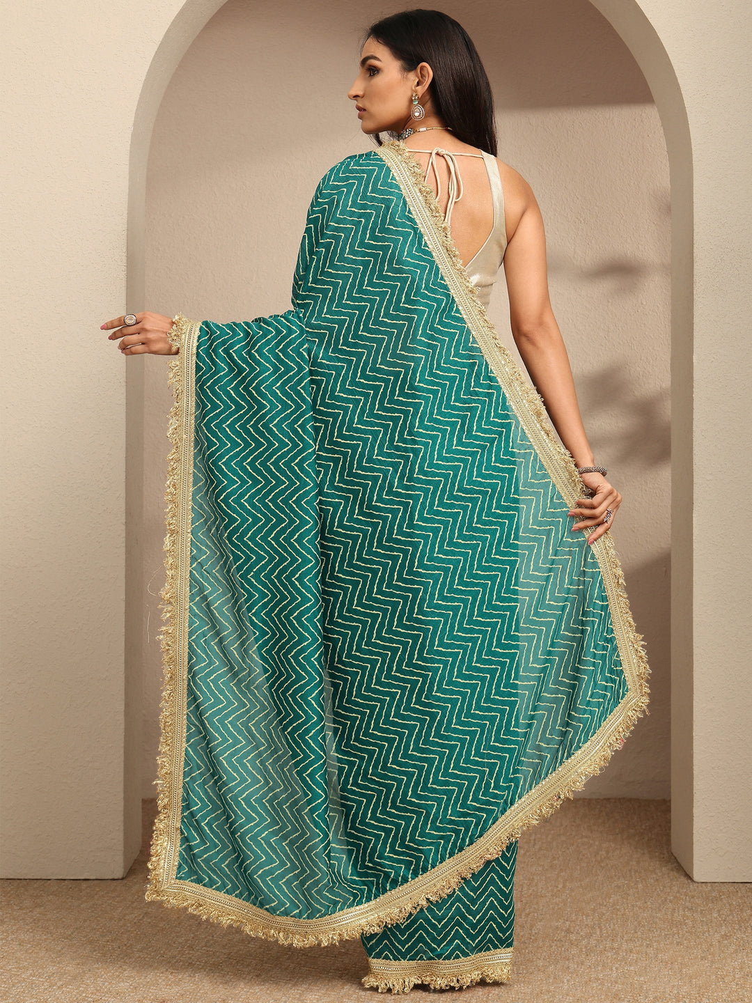  Blue Chevron Printed Silk Blend Saree With Unstitched Blouse Piece 