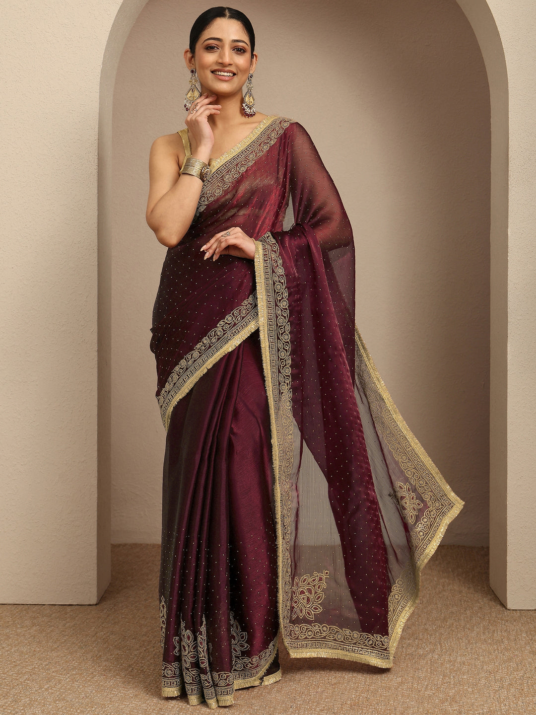  Maroon Embellished Silk Blend Saree With Unstitched Blouse Piece 