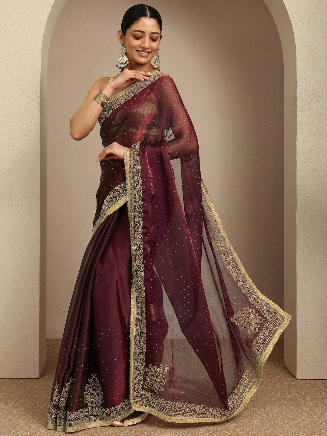  Maroon Embellished Silk Blend Saree With Unstitched Blouse Piece 