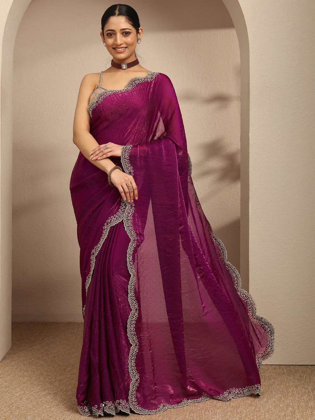  Maroon Embellished Silk Blend Saree With Unstitched Blouse Piece 