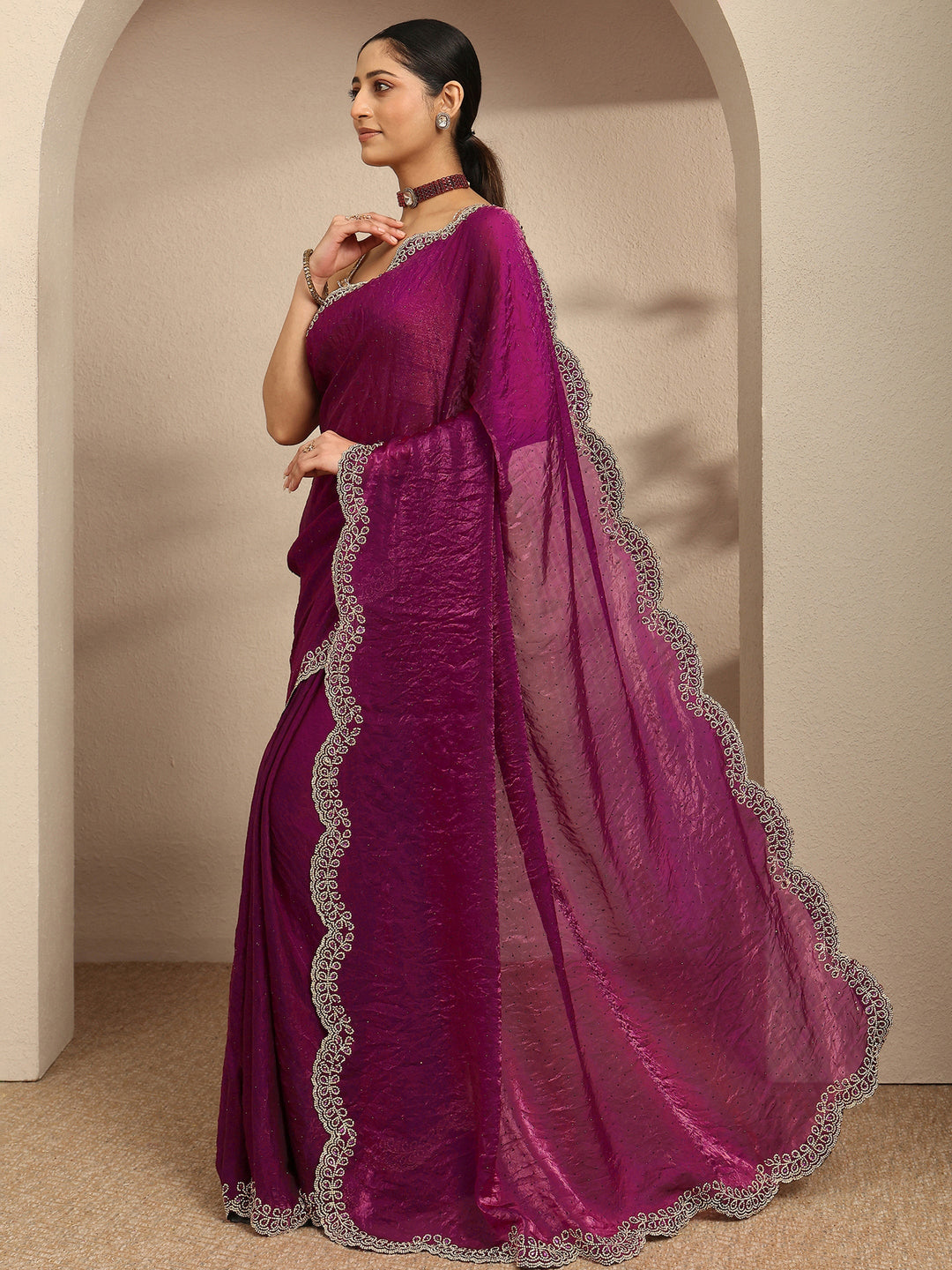  Maroon Embellished Silk Blend Saree With Unstitched Blouse Piece 