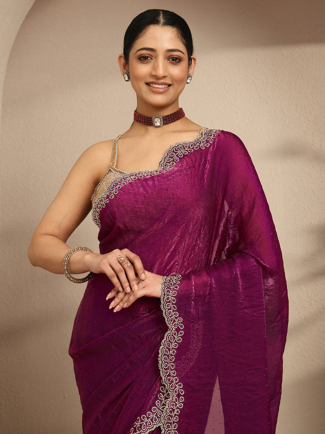  Maroon Embellished Silk Blend Saree With Unstitched Blouse Piece 