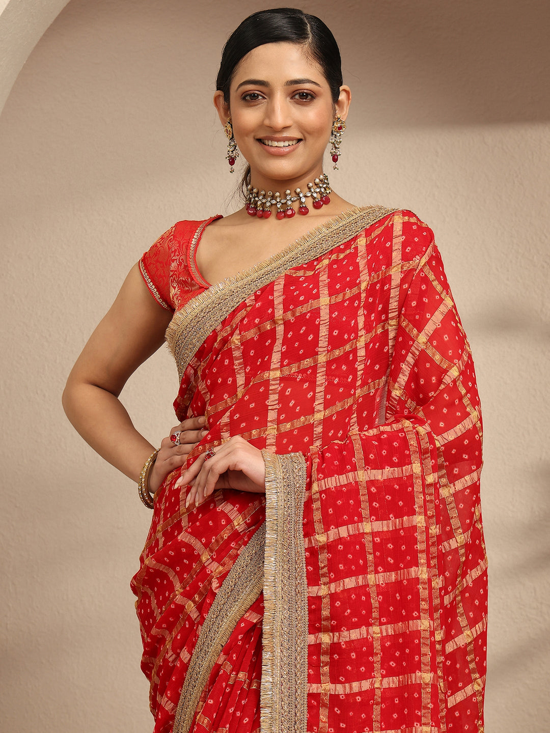  Red Bandhani Printed Silk Blend Saree With Unstitched Blouse Piece 