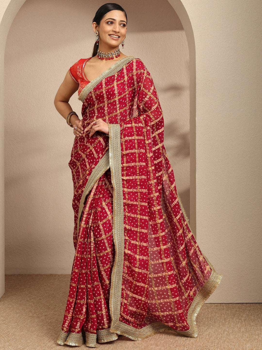  Maroon Bandhani Printed Silk Blend Saree With Unstitched Blouse Piece 