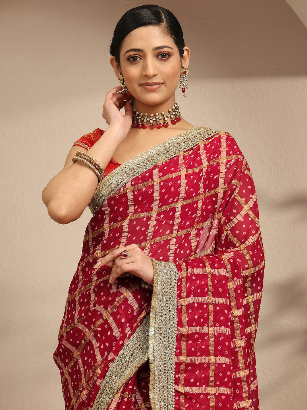 Maroon Bandhani Printed Silk Blend Saree With Unstitched Blouse Piece 