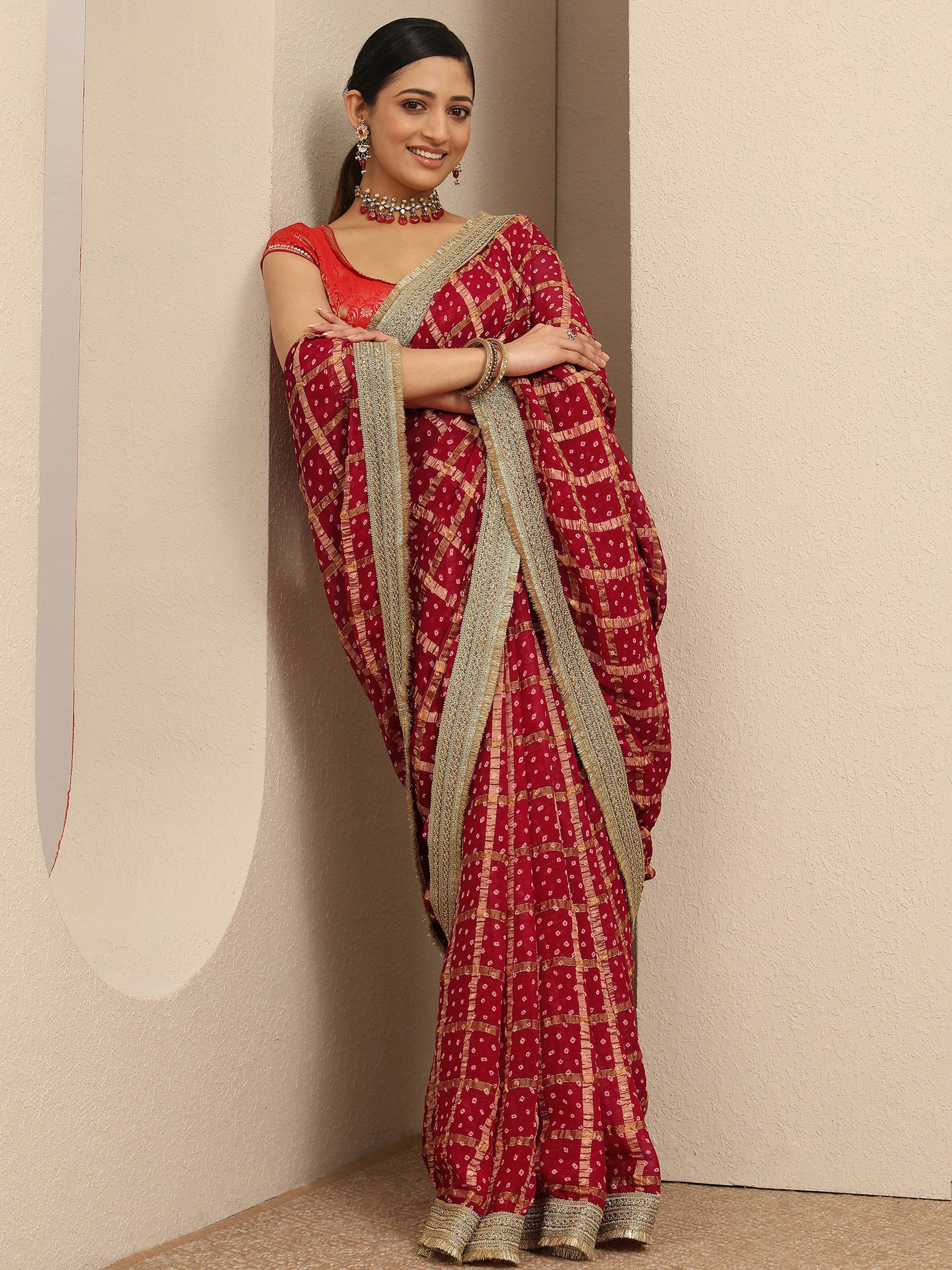 libas Maroon Bandhani Printed Silk Blend Saree With Unstitched Blouse Piece-picture-33