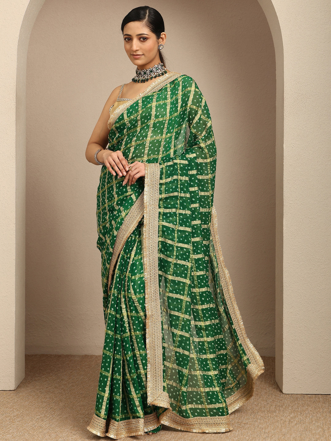  Green Bandhani Printed Silk Blend Saree With Unstitched Blouse Piece 