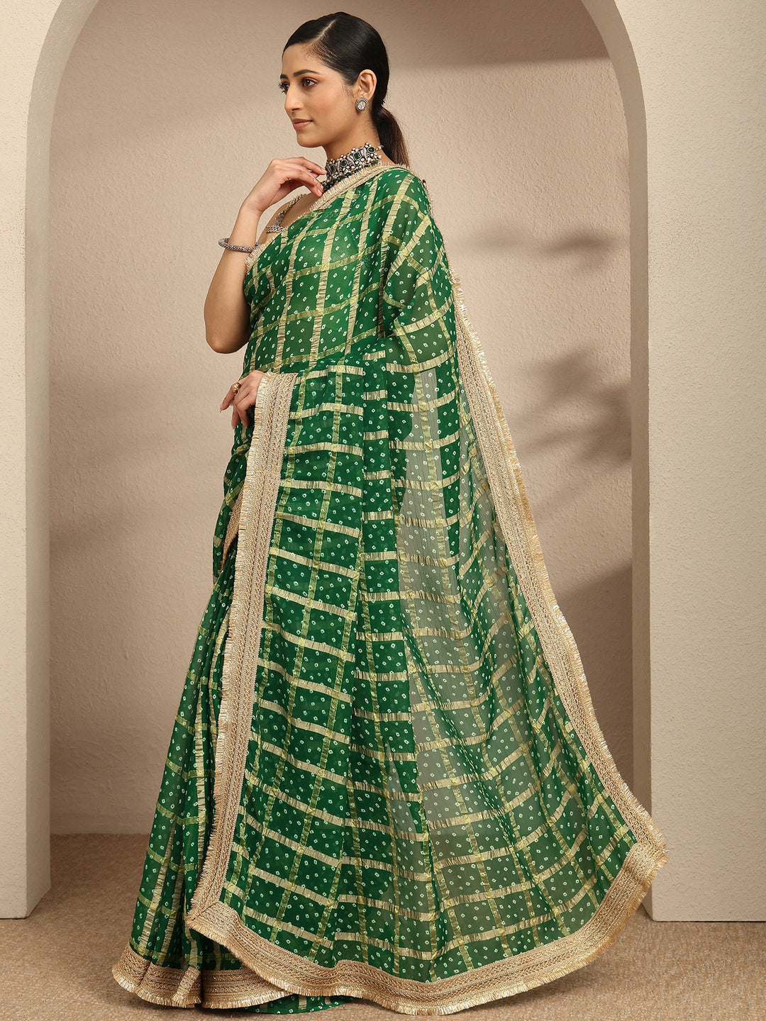  Green Bandhani Printed Silk Blend Saree With Unstitched Blouse Piece 