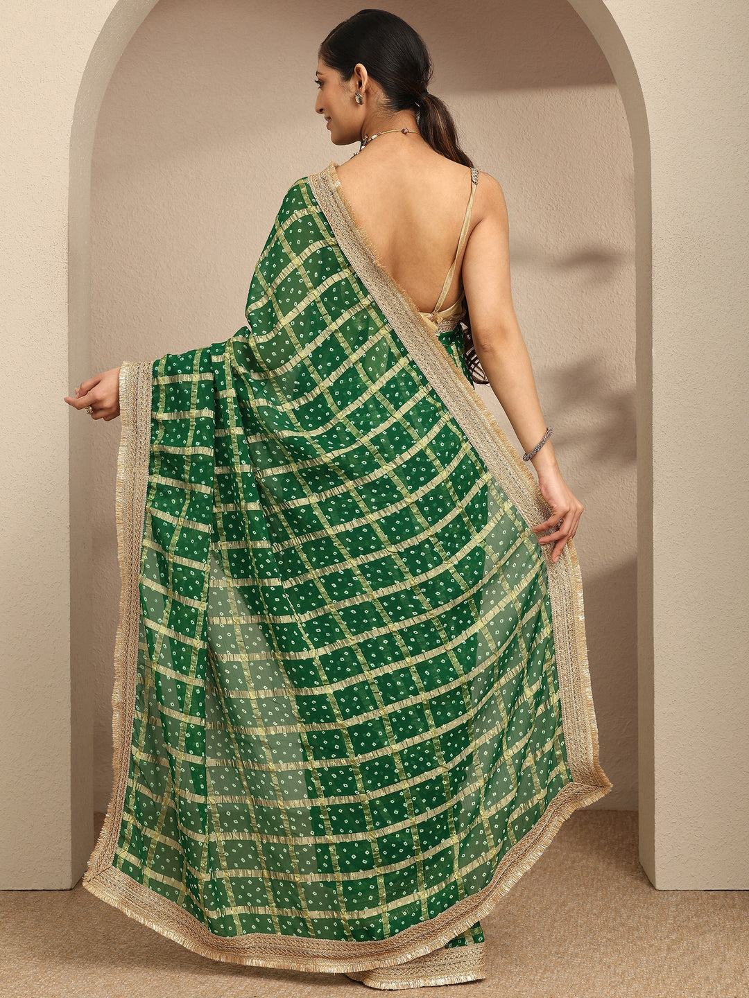  Green Bandhani Printed Silk Blend Saree With Unstitched Blouse Piece 