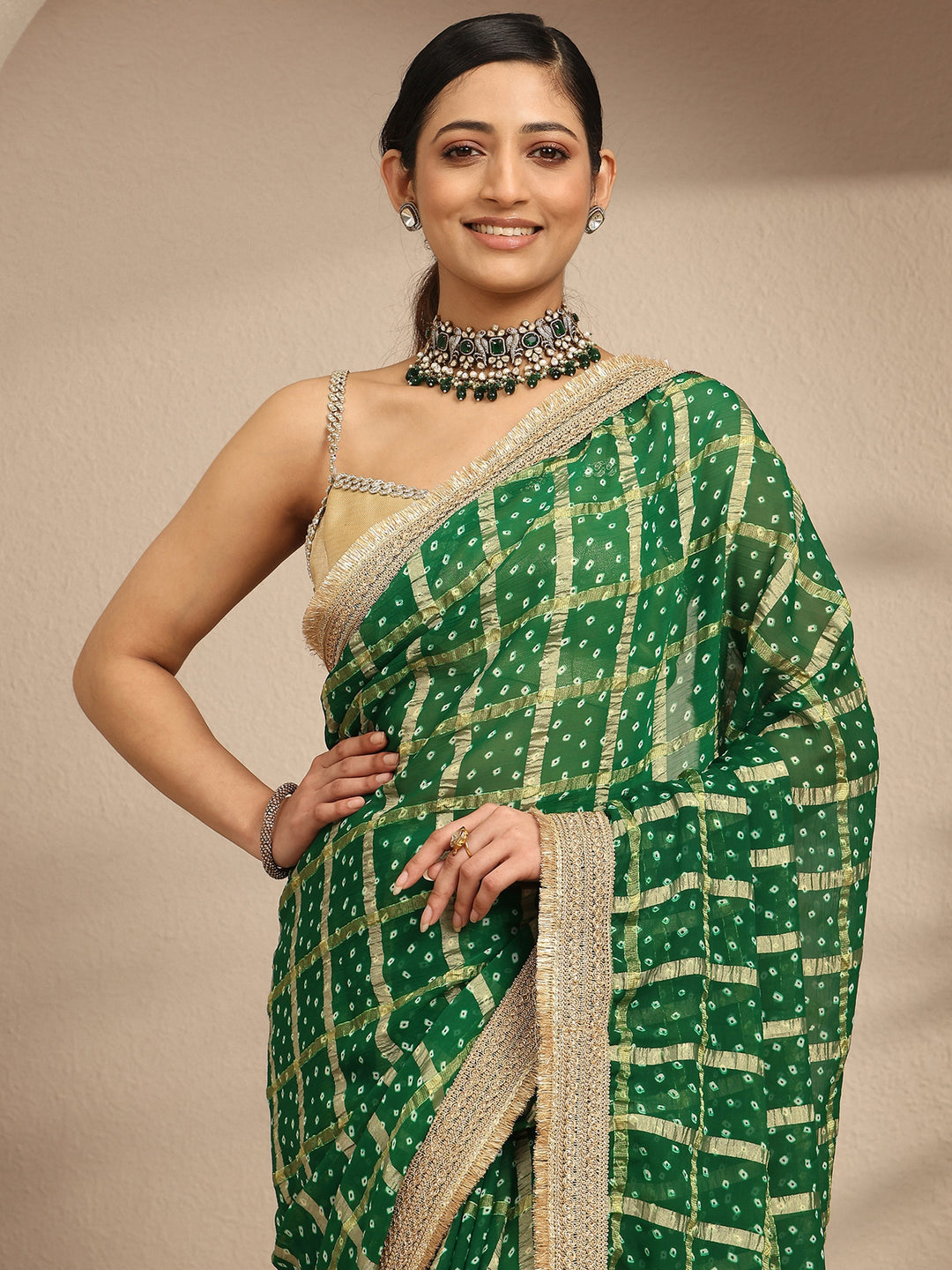  Green Bandhani Printed Silk Blend Saree With Unstitched Blouse Piece 