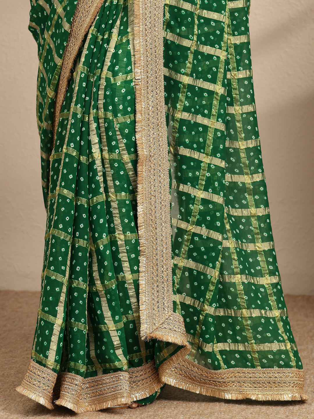  Green Bandhani Printed Silk Blend Saree With Unstitched Blouse Piece 