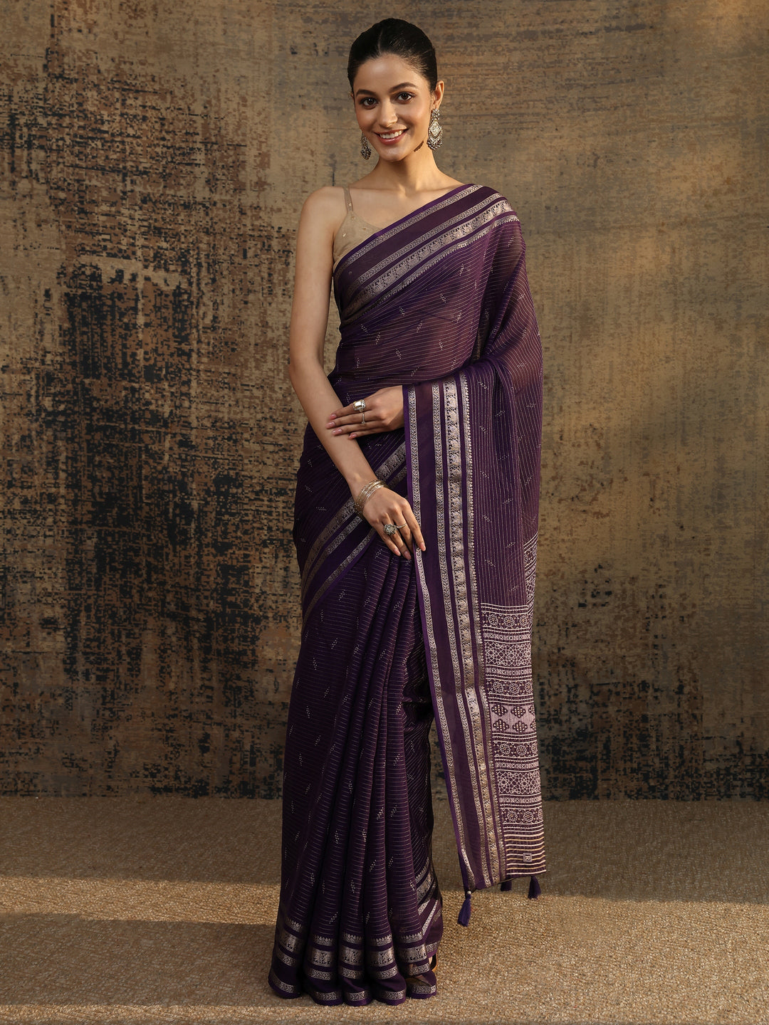  Purple Embellished Silk Blend Saree With Unstitched Blouse Piece 
