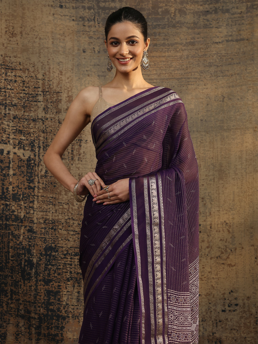  Purple Embellished Silk Blend Saree With Unstitched Blouse Piece 