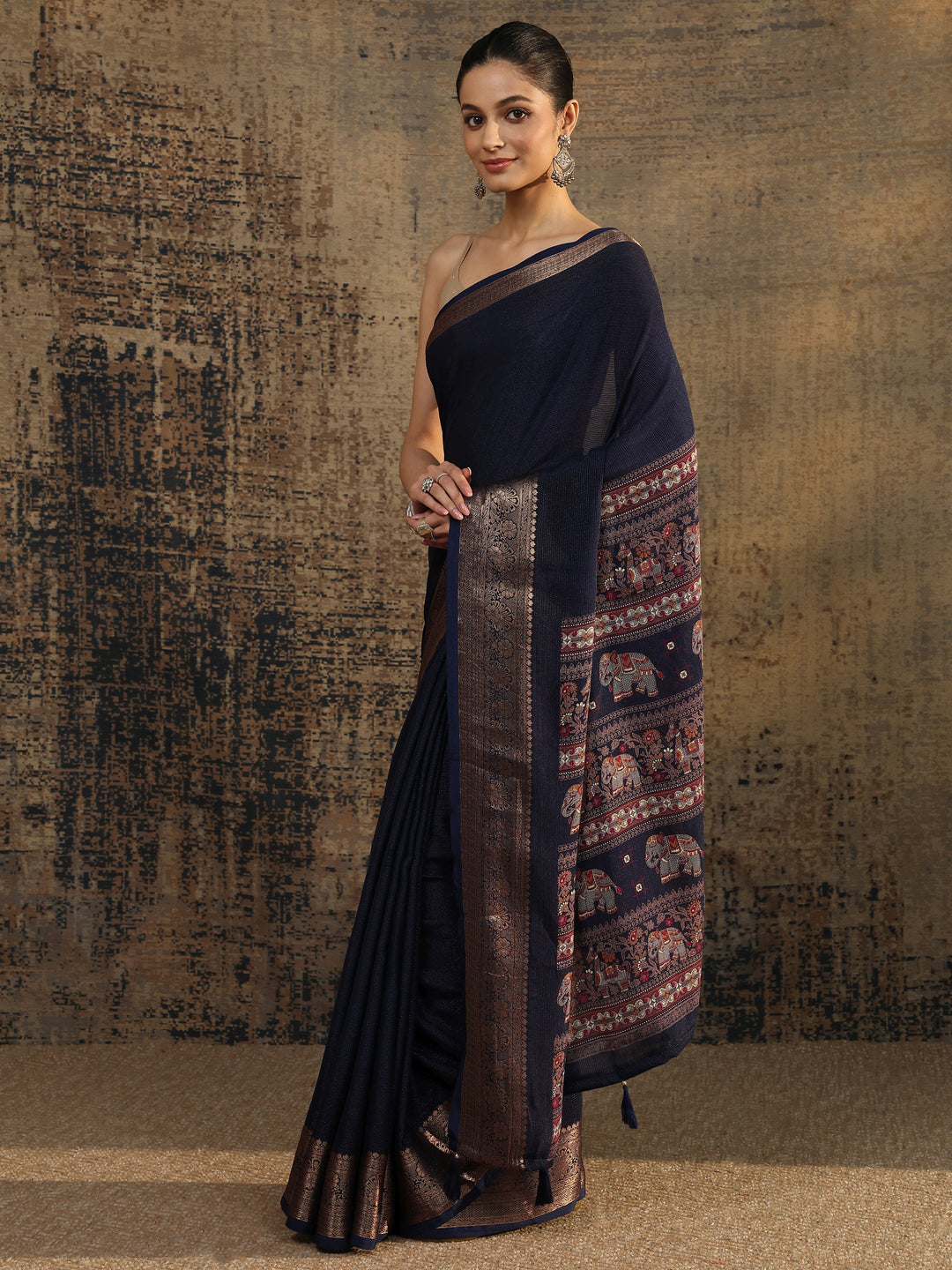  Blue Solid Silk Blend Saree With Unstitched Blouse Piece 