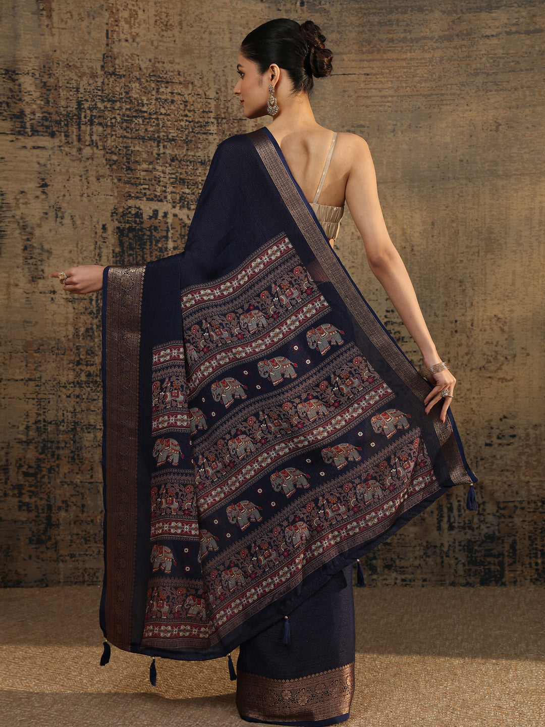  Blue Solid Silk Blend Saree With Unstitched Blouse Piece 