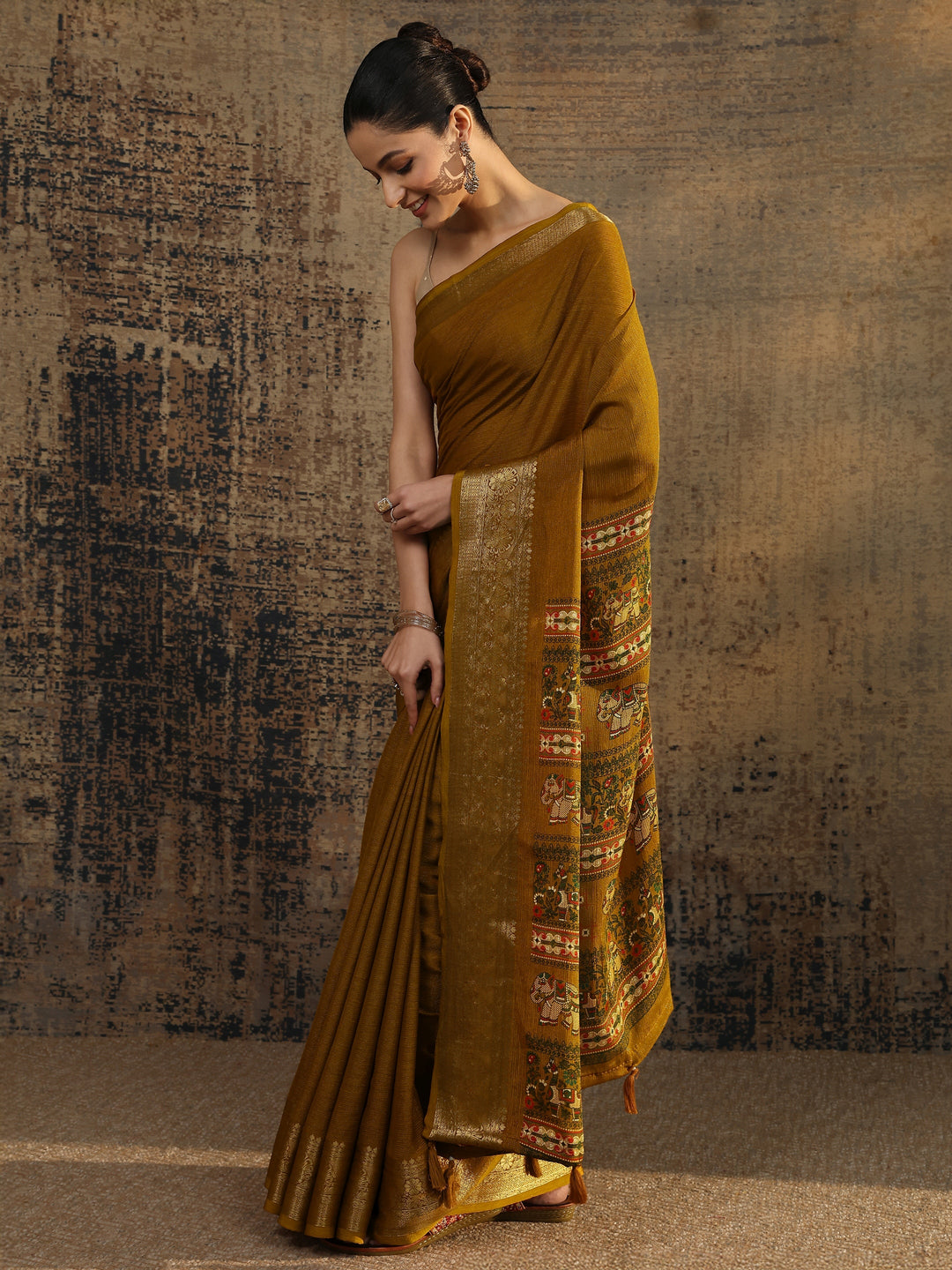  Mustard Solid Silk Blend Saree With Unstitched Blouse Piece 