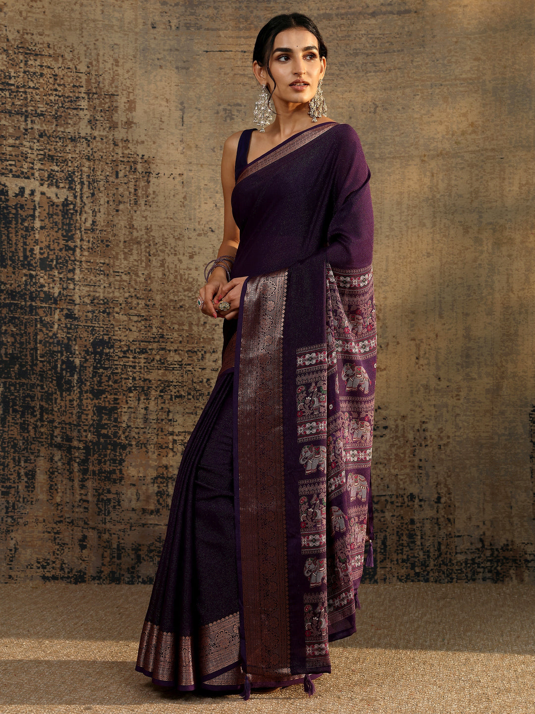  Purple Solid Silk Blend Saree With Unstitched Blouse Piece 