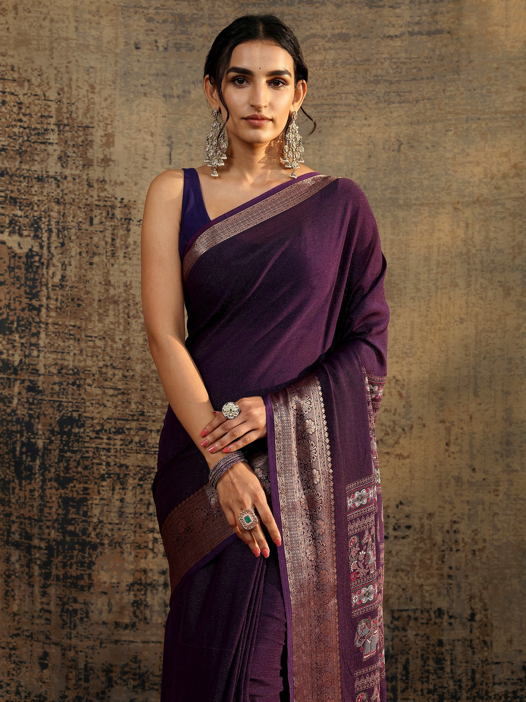  Purple Solid Silk Blend Saree With Unstitched Blouse Piece 