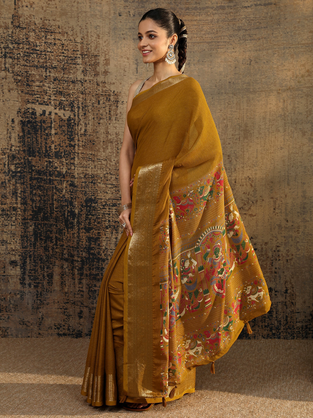  Mustard Solid Silk Blend Saree With Unstitched Blouse Piece 