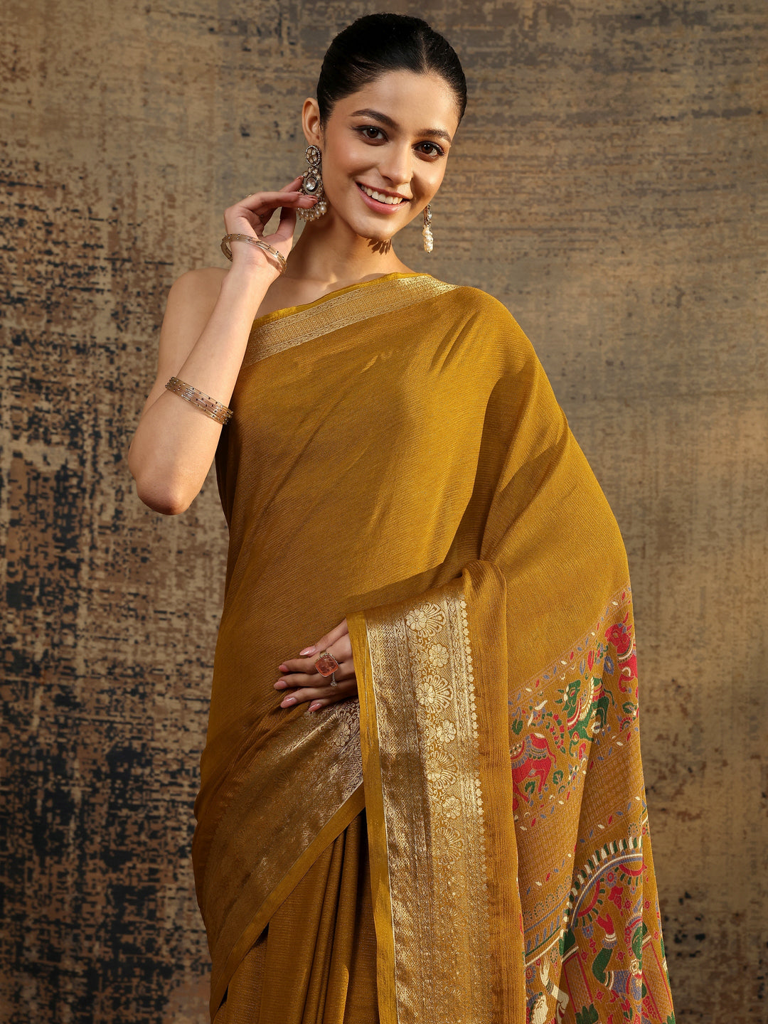  Mustard Solid Silk Blend Saree With Unstitched Blouse Piece 