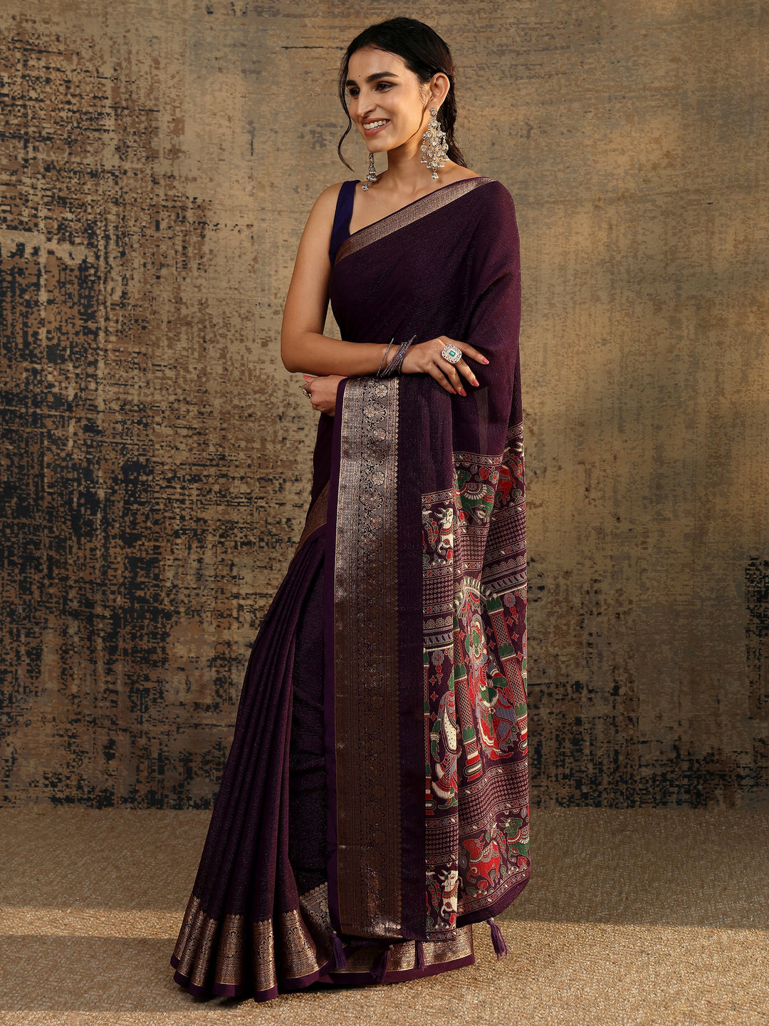 Purple Solid Silk Blend Saree With Unstitched Blouse Piece 
