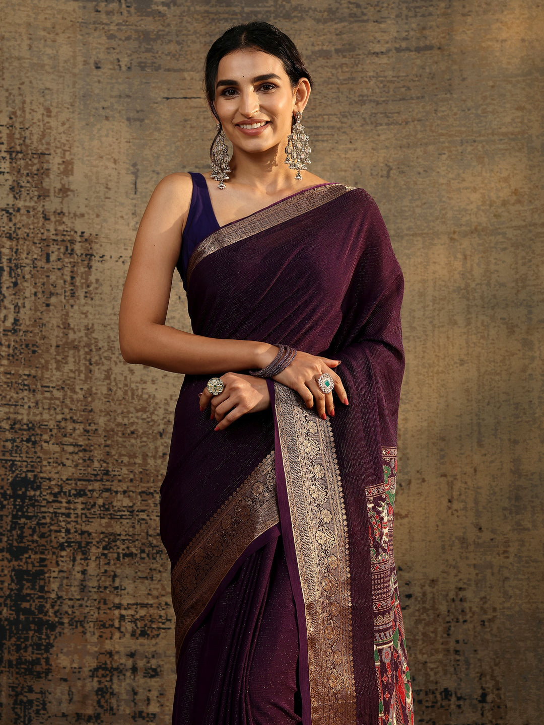  Purple Solid Silk Blend Saree With Unstitched Blouse Piece 