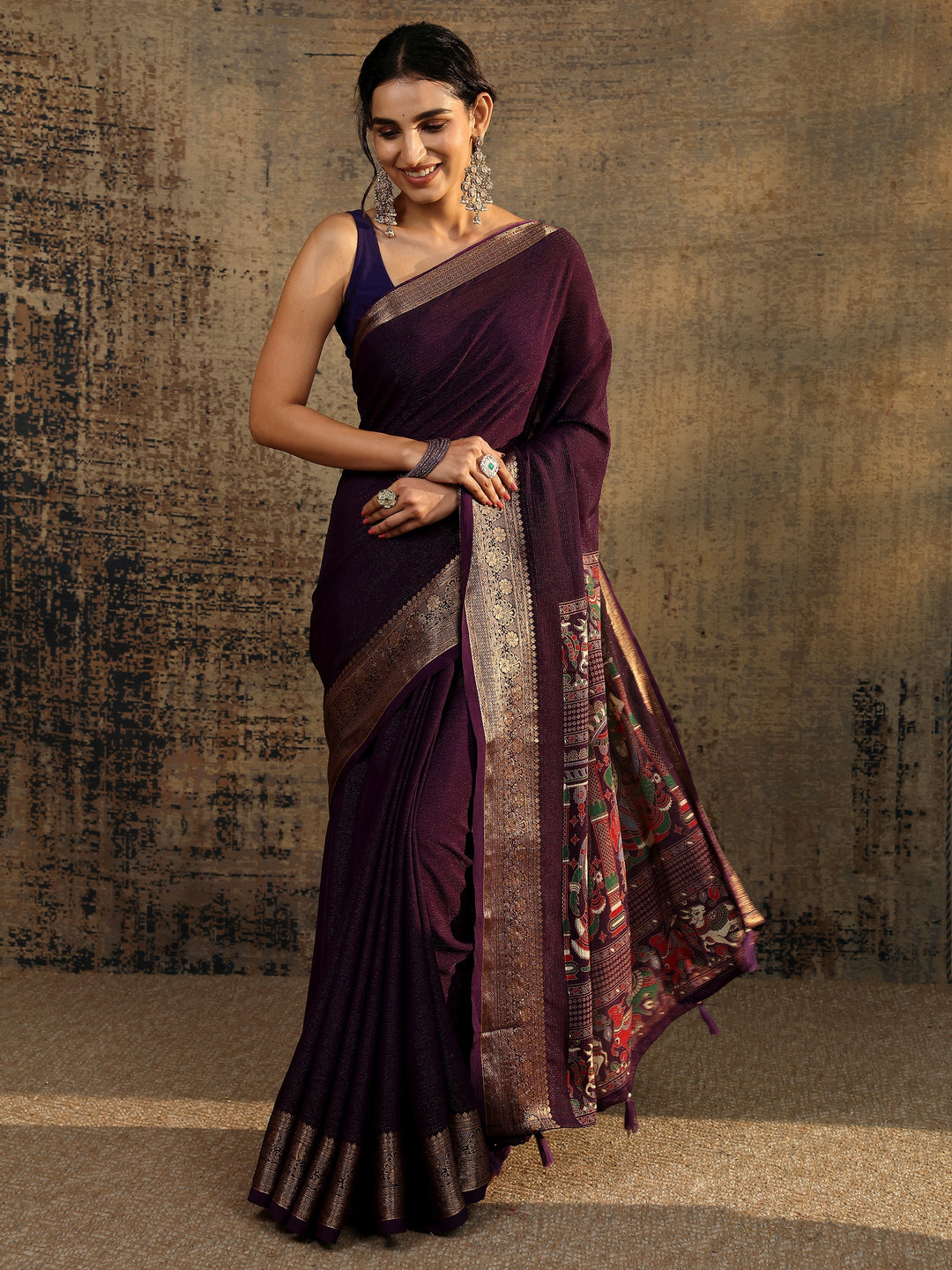  Purple Solid Silk Blend Saree With Unstitched Blouse Piece 