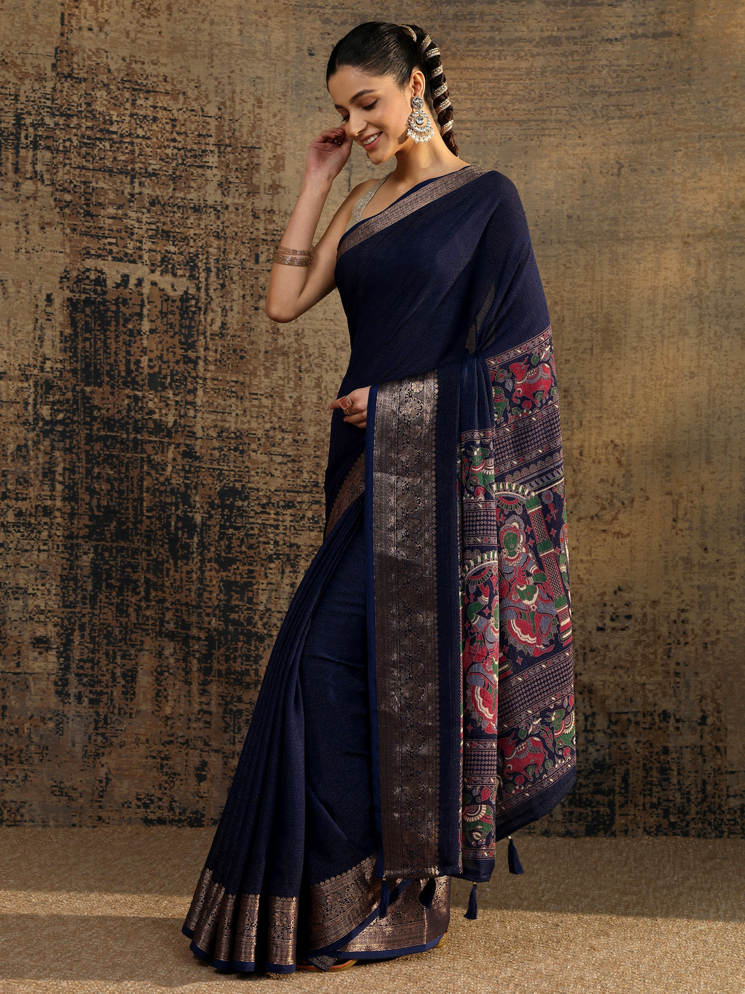  Navy Blue Solid Silk Blend Saree With Unstitched Blouse Piece 