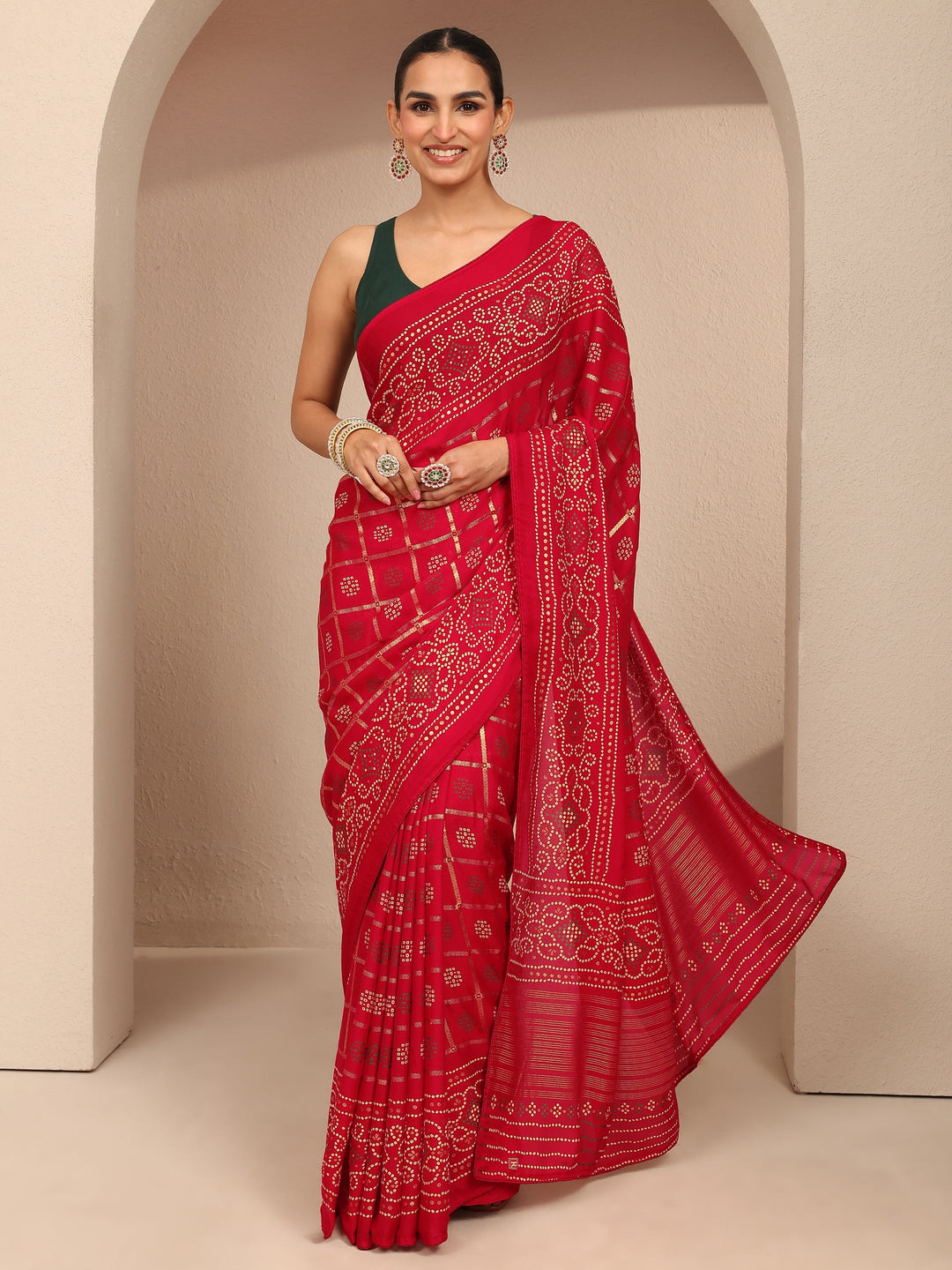  Red Bandhani Printed Silk Blend Saree With Unstitched Blouse Piece 
