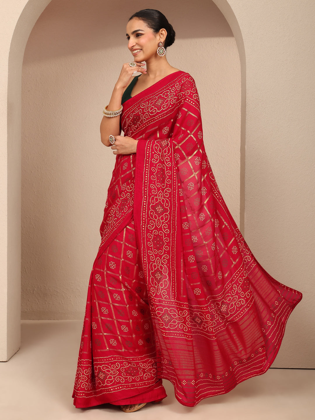  Red Bandhani Printed Silk Blend Saree With Unstitched Blouse Piece 