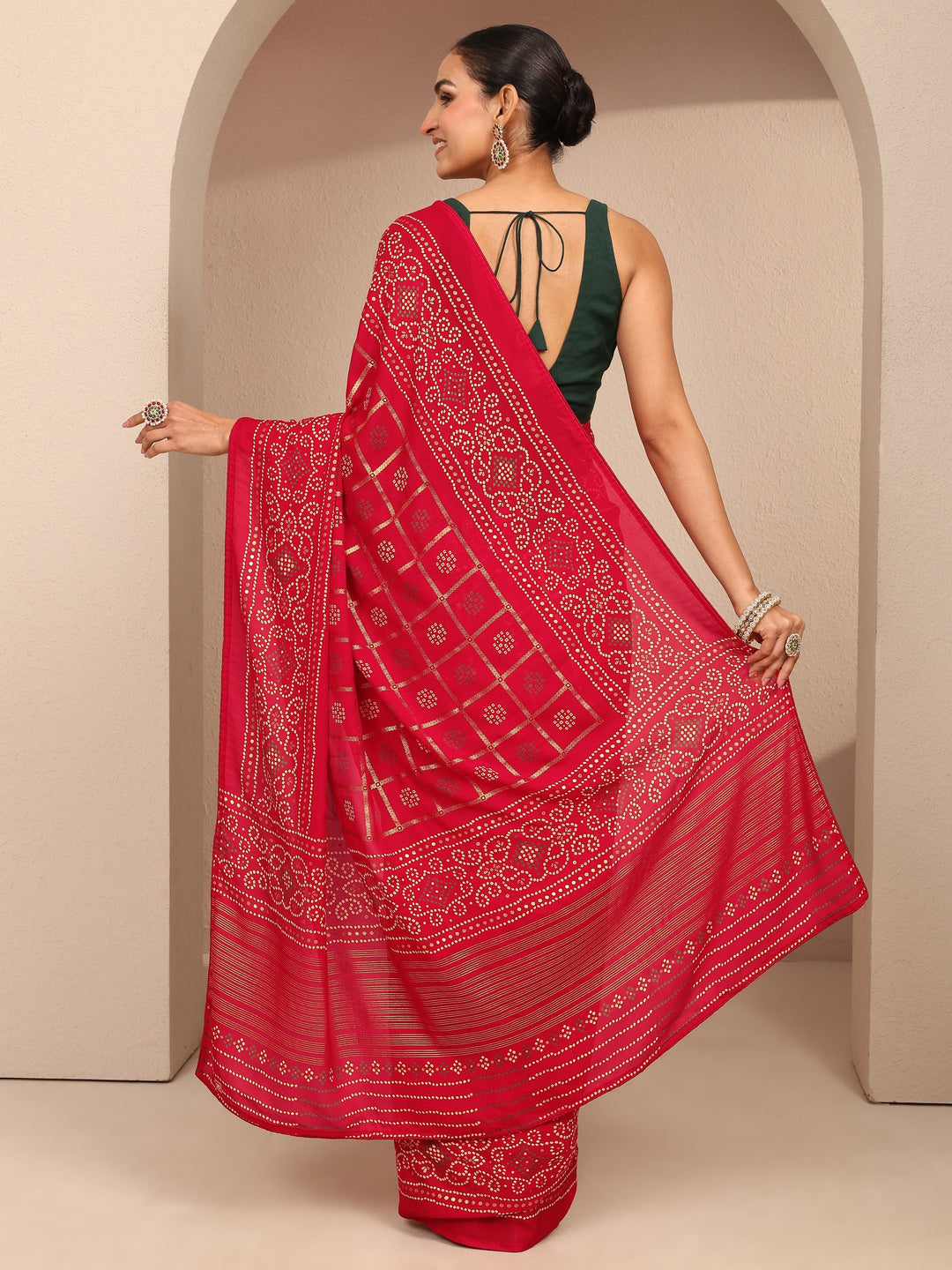  Red Bandhani Printed Silk Blend Saree With Unstitched Blouse Piece 