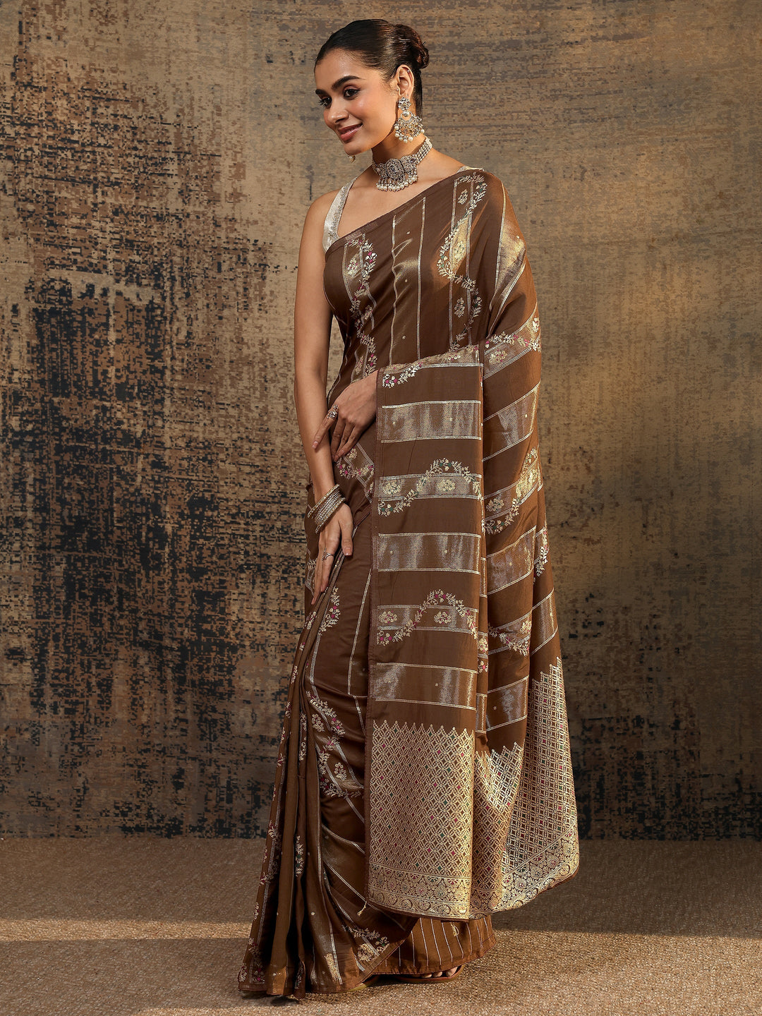  Brown Woven Design Silk Blend Saree With Unstitched Blouse Piece 
