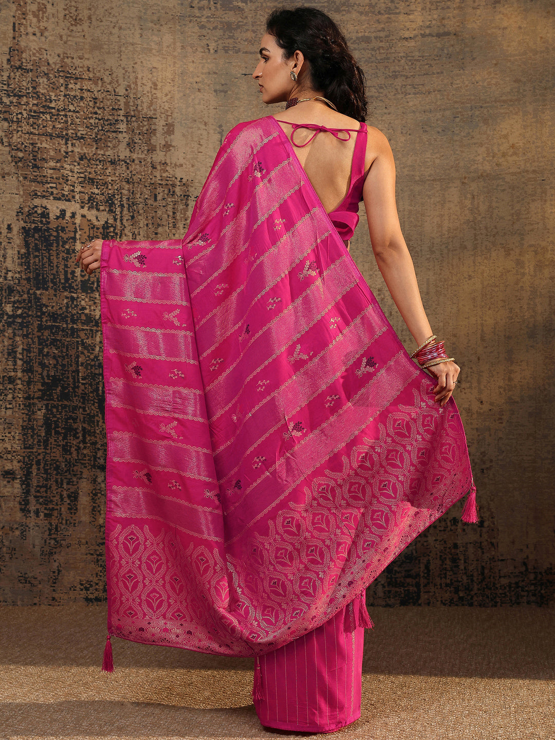  Pink Woven Design Silk Blend Saree With Unstitched Blouse Piece 
