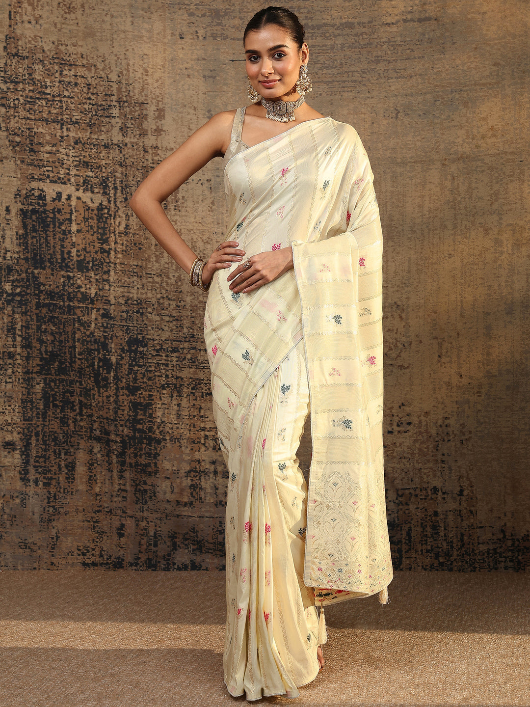  Cream Woven Design Silk Blend Saree With Unstitched Blouse Piece 