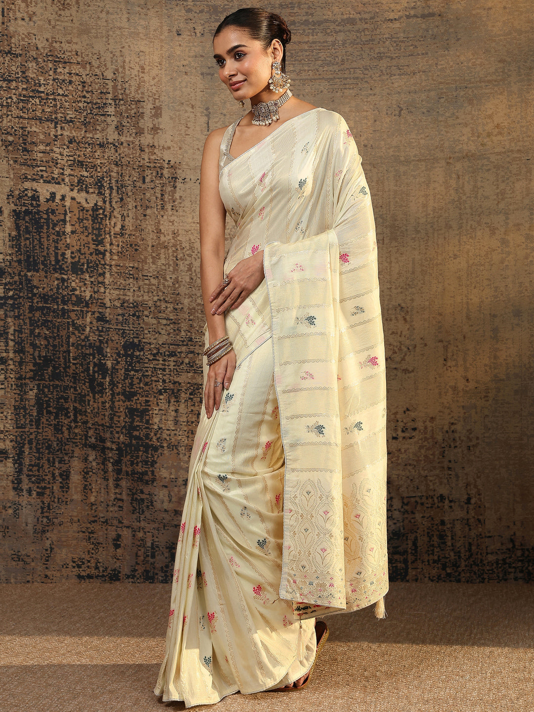 Cream Woven Design Silk Blend Saree With Unstitched Blouse Piece 