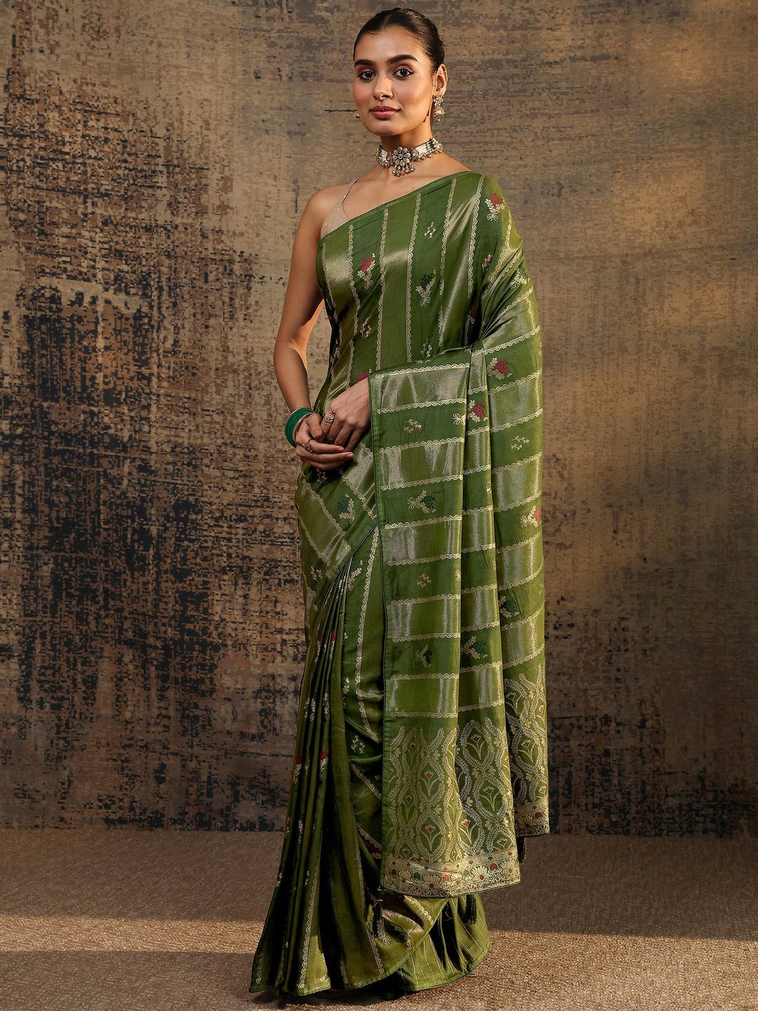  Olive Woven Design Silk Blend Saree With Unstitched Blouse Piece 