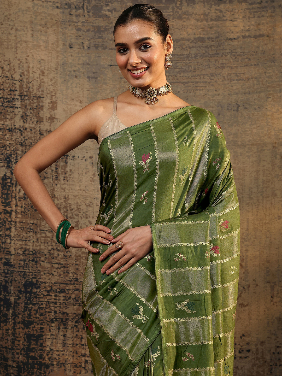  Olive Woven Design Silk Blend Saree With Unstitched Blouse Piece 