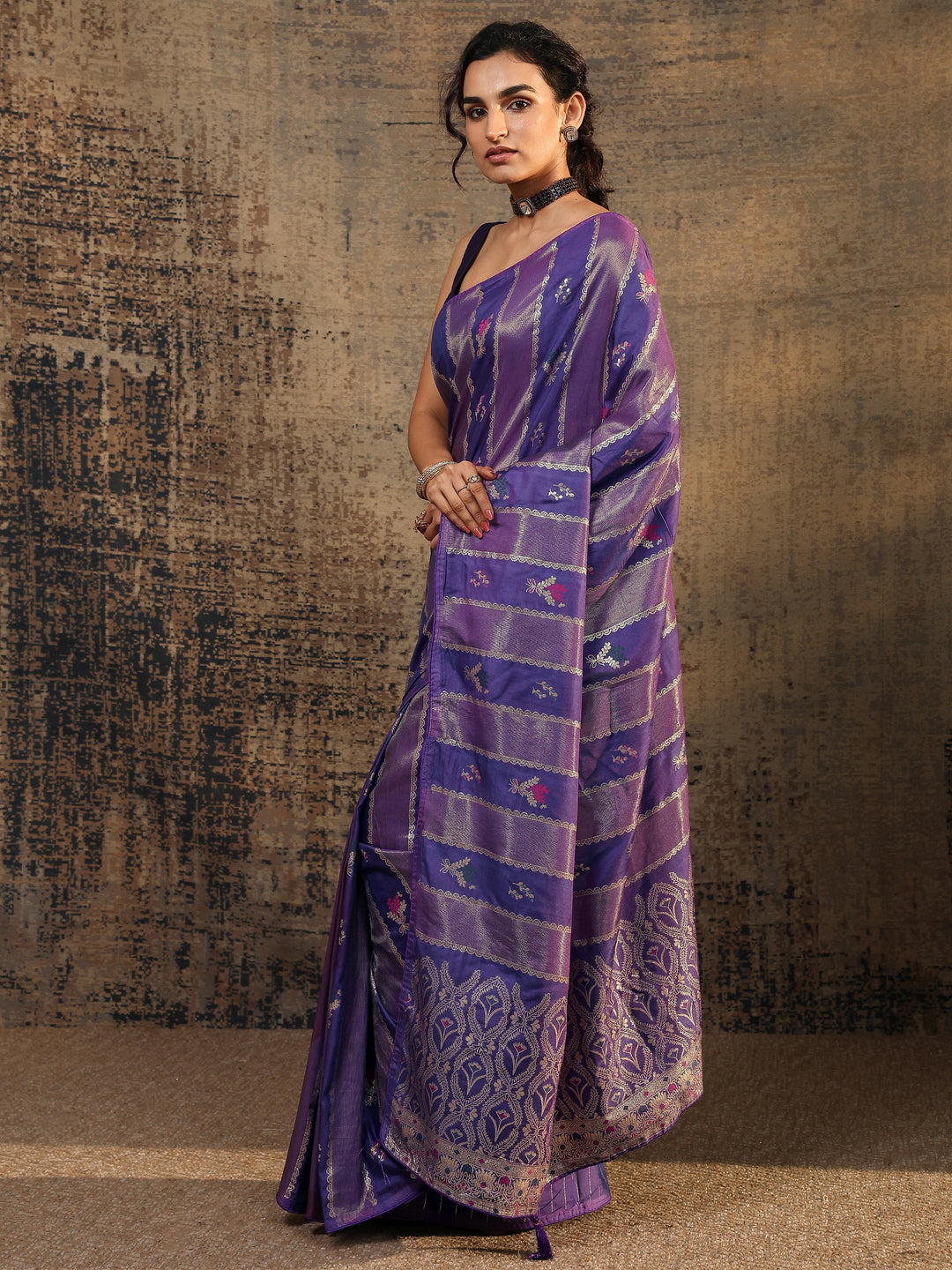  Purple Ikat Woven Design Silk Blend Saree With Unstitched Blouse Piece 