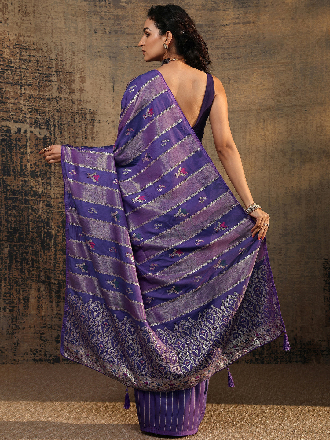  Purple Ikat Woven Design Silk Blend Saree With Unstitched Blouse Piece 