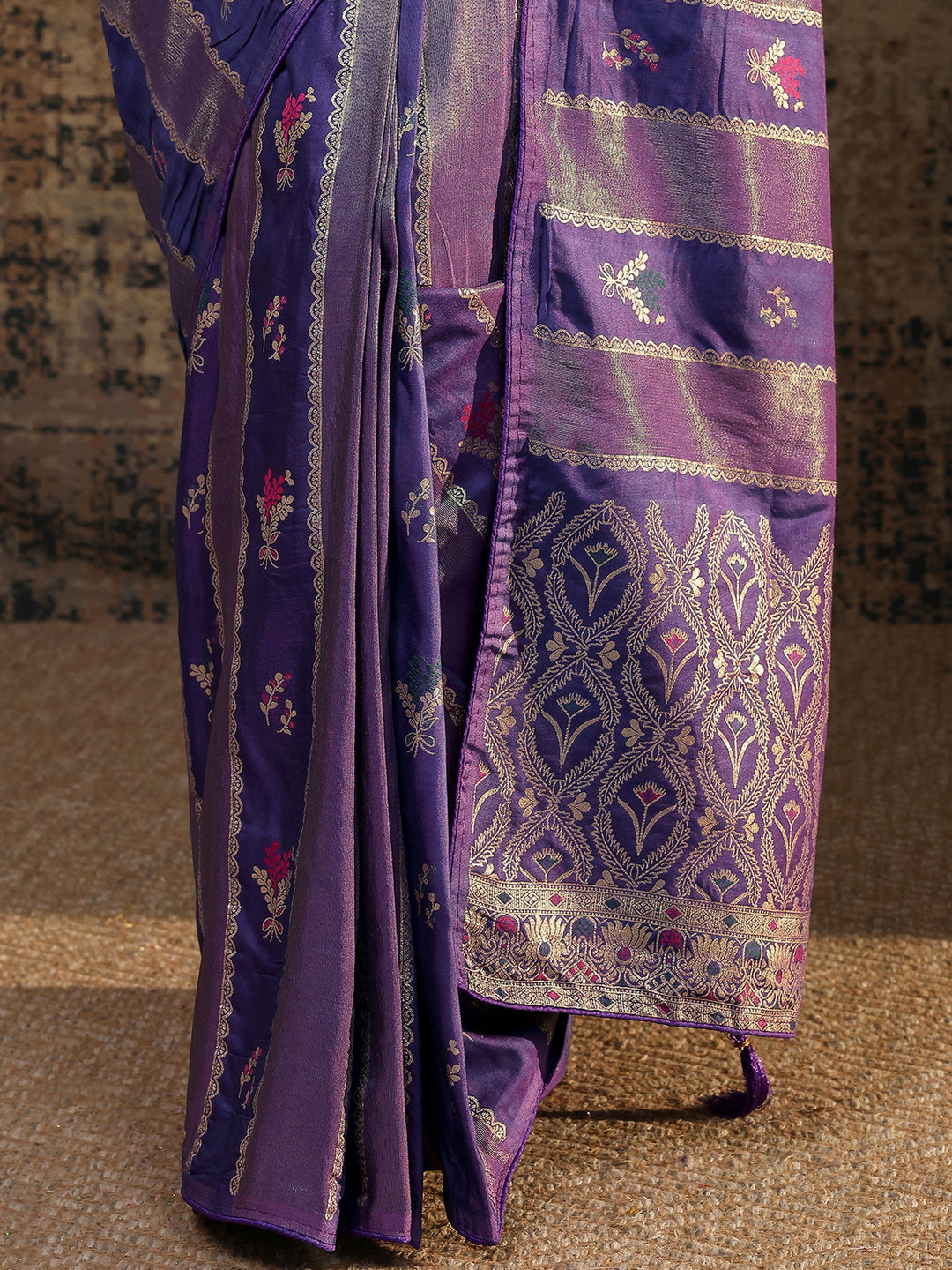  Purple Ikat Woven Design Silk Blend Saree With Unstitched Blouse Piece 