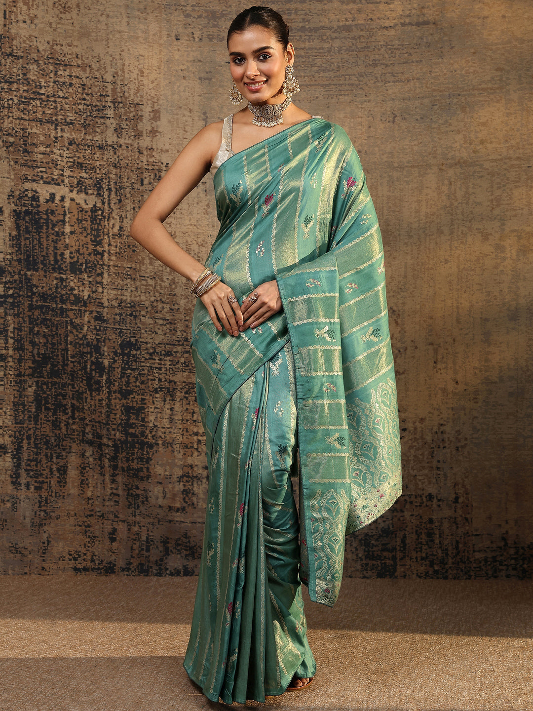  Teal Woven Design Silk Blend Saree With Unstitched Blouse Piece 