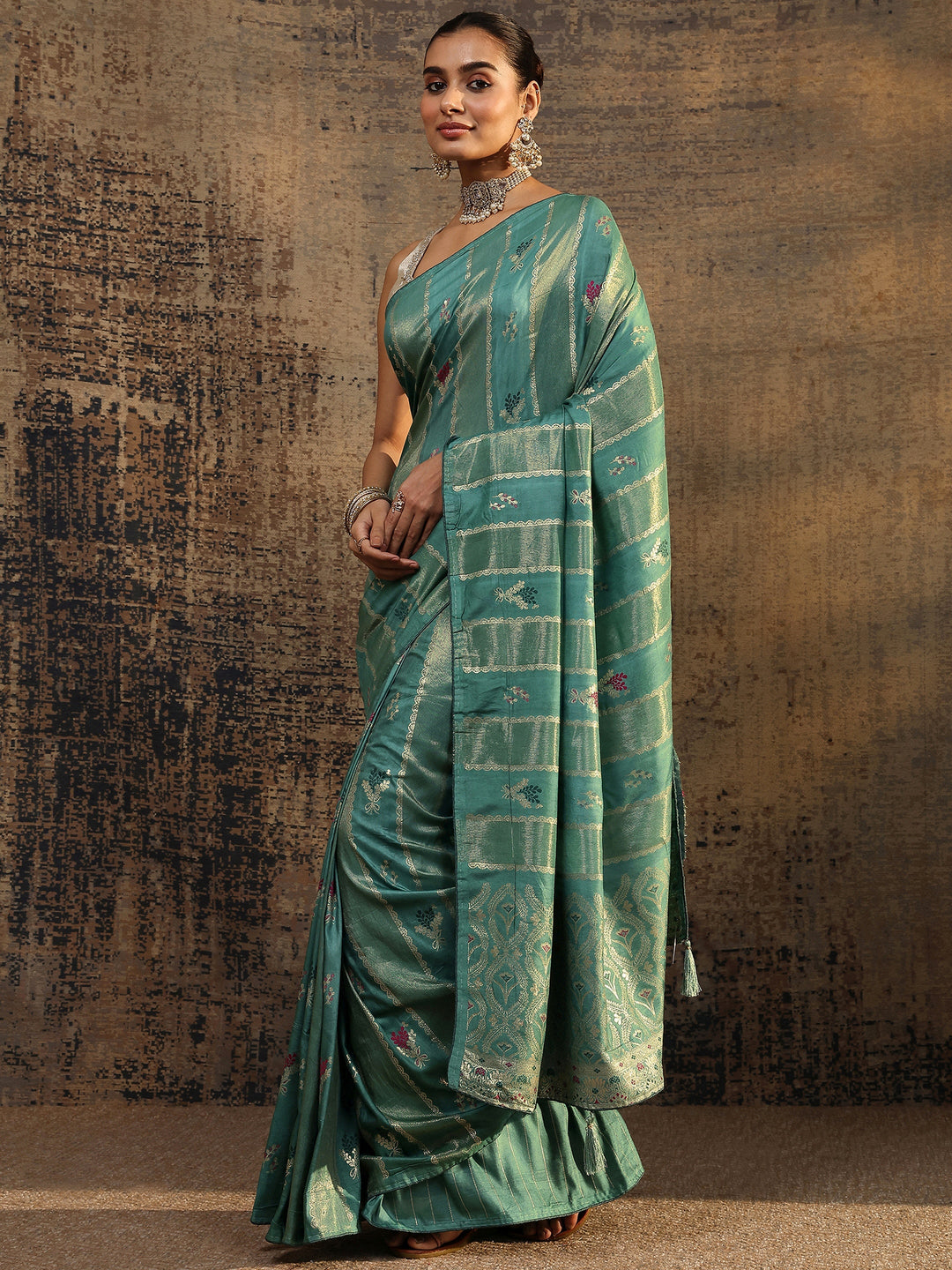  Teal Woven Design Silk Blend Saree With Unstitched Blouse Piece 