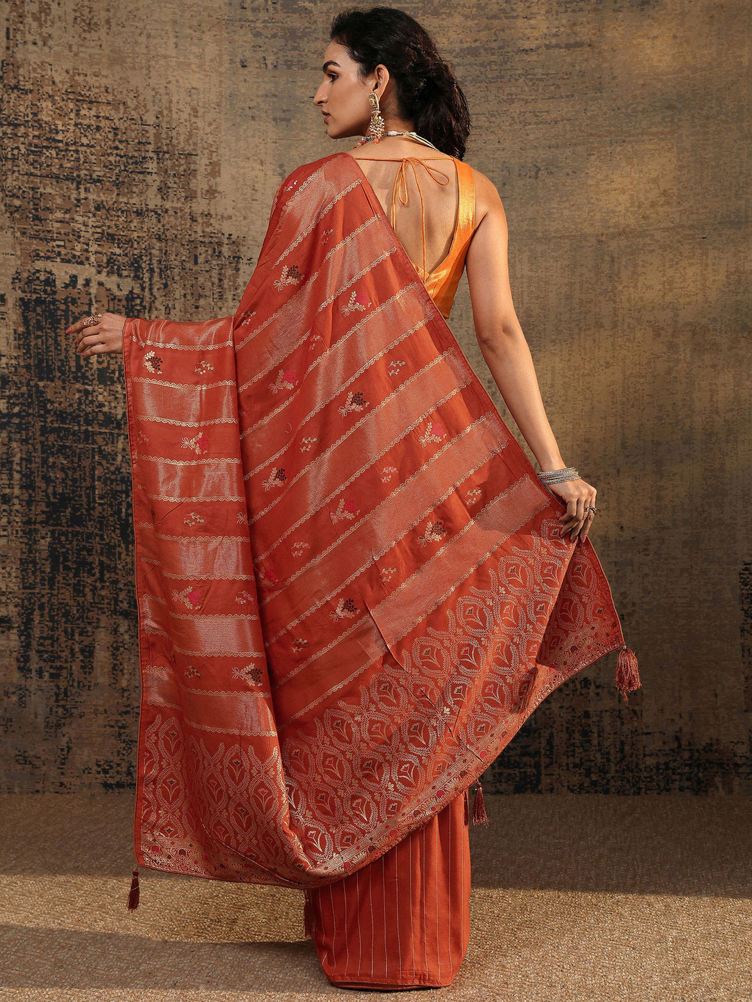  Rust Woven Design Silk Blend Saree With Unstitched Blouse Piece 