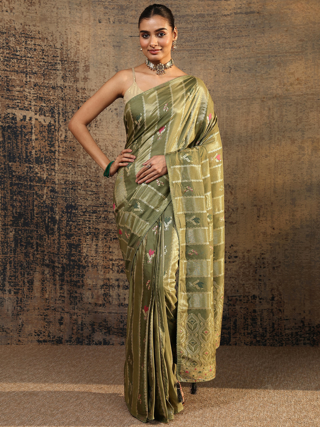  Olive Woven Design Silk Blend Saree With Unstitched Blouse Piece 