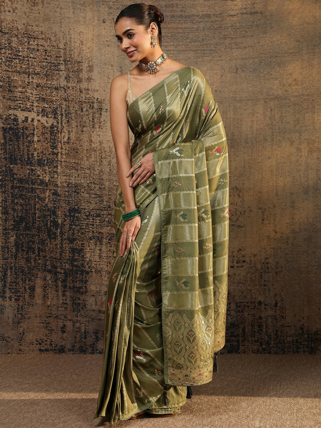  Olive Woven Design Silk Blend Saree With Unstitched Blouse Piece 
