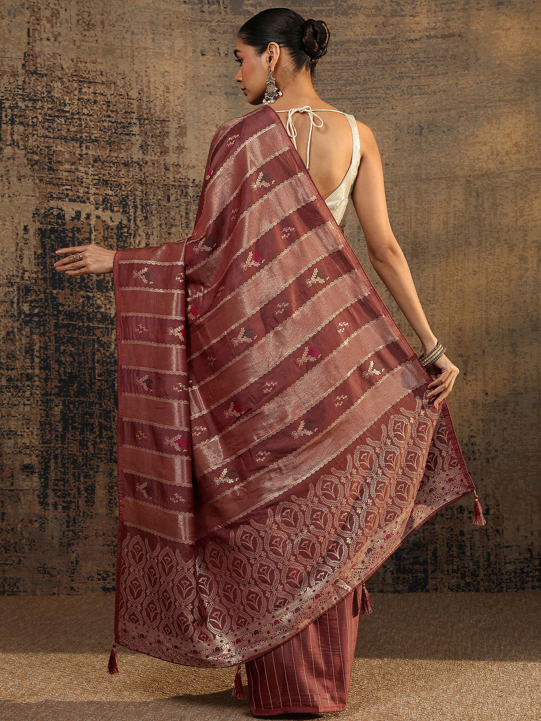  Burgundy Woven Design Silk Blend Saree With Unstitched Blouse Piece 