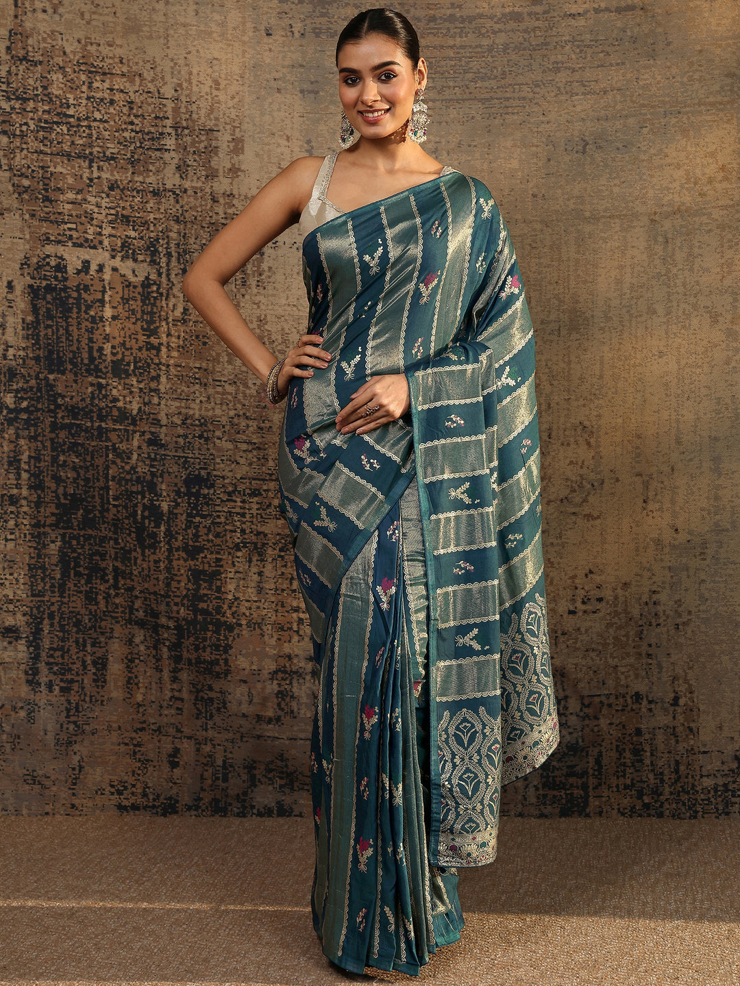  Teal Woven Design Silk Blend Saree With Unstitched Blouse Piece 