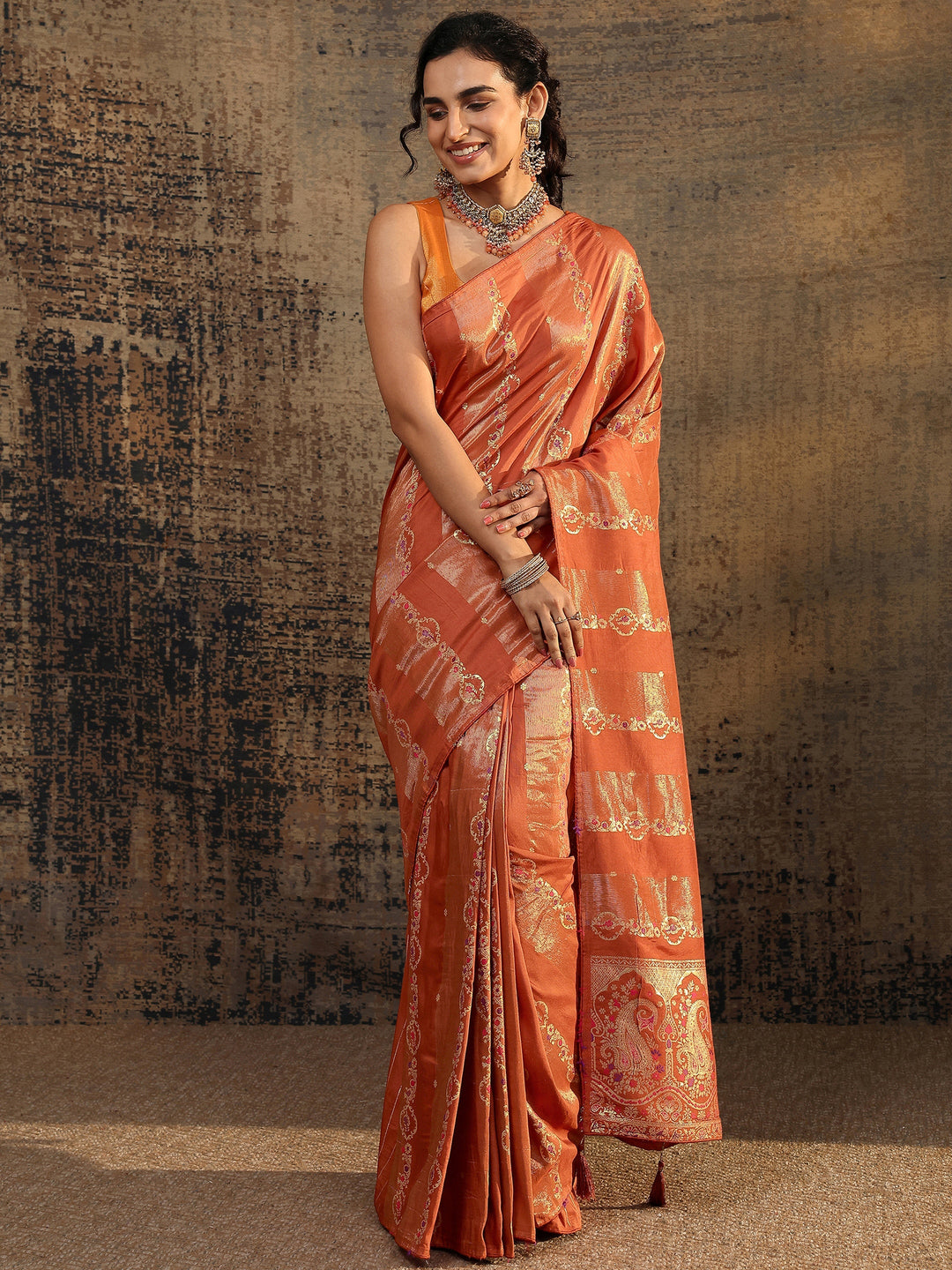  Rust Woven Design Silk Blend Saree With Unstitched Blouse Piece 