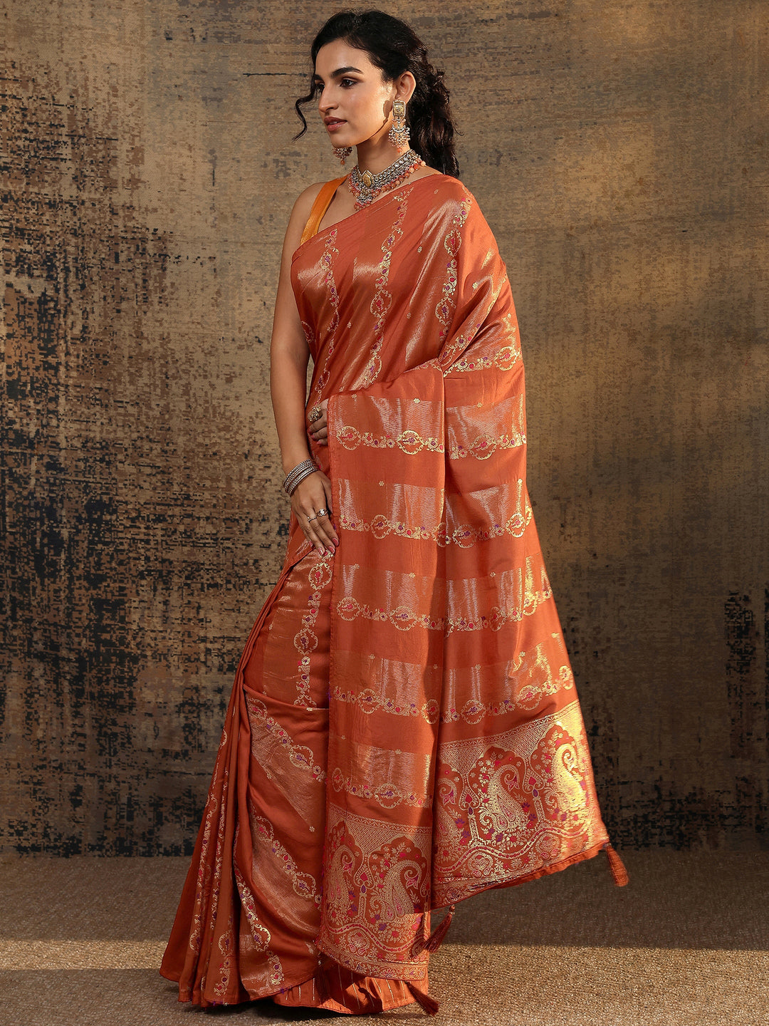  Rust Woven Design Silk Blend Saree With Unstitched Blouse Piece 
