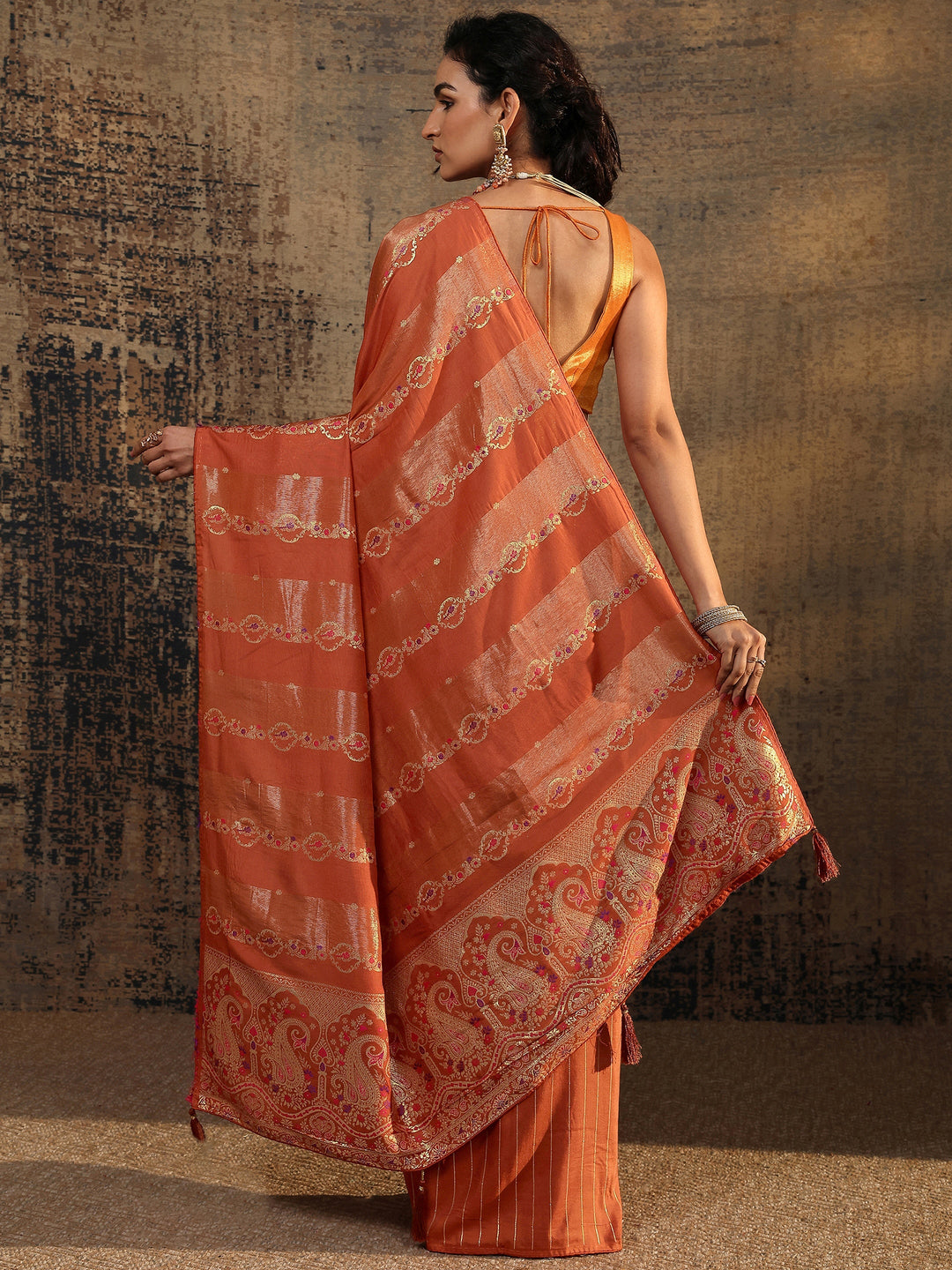  Rust Woven Design Silk Blend Saree With Unstitched Blouse Piece 